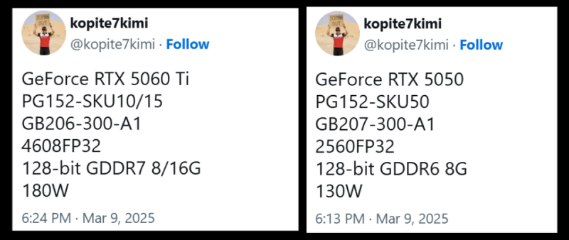 Витік характеристик NVIDIA RTX 5060 Ti та 5050 — остання має пам’ять GDDR6 та майже удвічі менше ядер CUDA