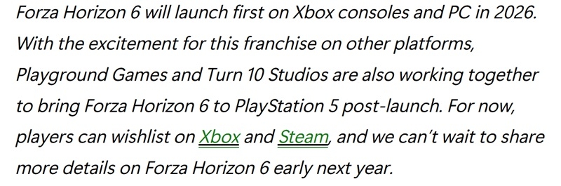 Офіційно: Forza Horizon 6 вийде на PlayStation 5, але "дещо пізніше" релізу на Xbox і PC