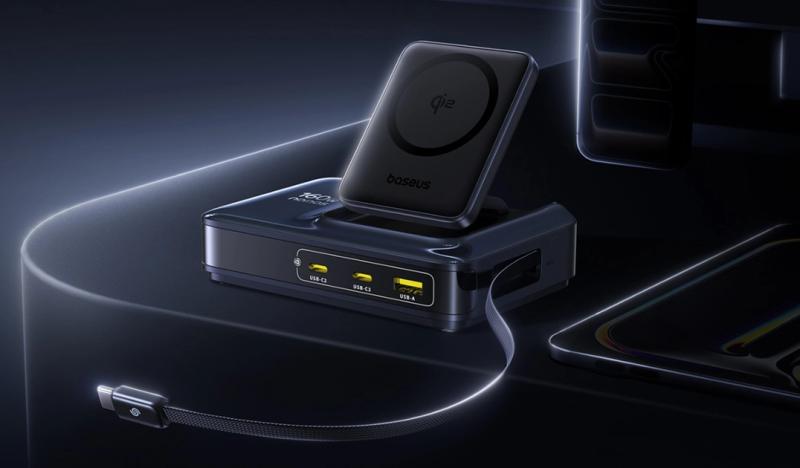 Baseus представила настольні док-станції Nomos II: багато портів, до 245 Вт, Qi2 та втягувані кабелі