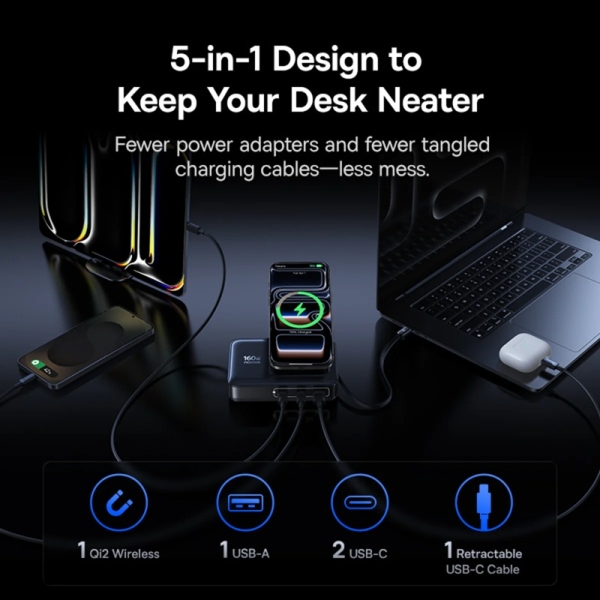 Baseus представила настольні док-станції Nomos II: багато портів, до 245 Вт, Qi2 та втягувані кабелі