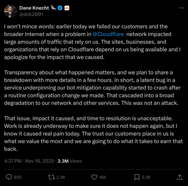 Директор Cloudflare перепрошує за баг, який сколихнув весь світ: "Ми підвели наших клієнтів та інтернет"