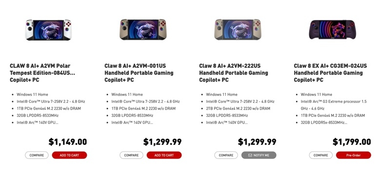 Удвічі дорожче за Steam Deck: MSI розкрила вартість флагманської консолі Claw 8 EX AI+ на базі новітнього чипа Intel Arc G3 Extreme